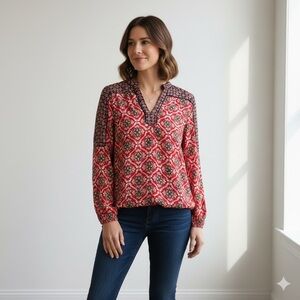 LOFT Red and Black boho Geometric Blouse